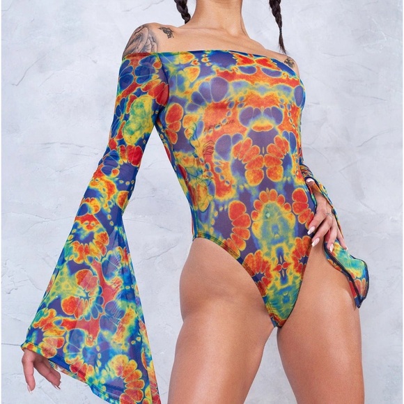 Burning Man/Festival Bandika sleeved Mesh Bodysuit - Picture 3 of 5
